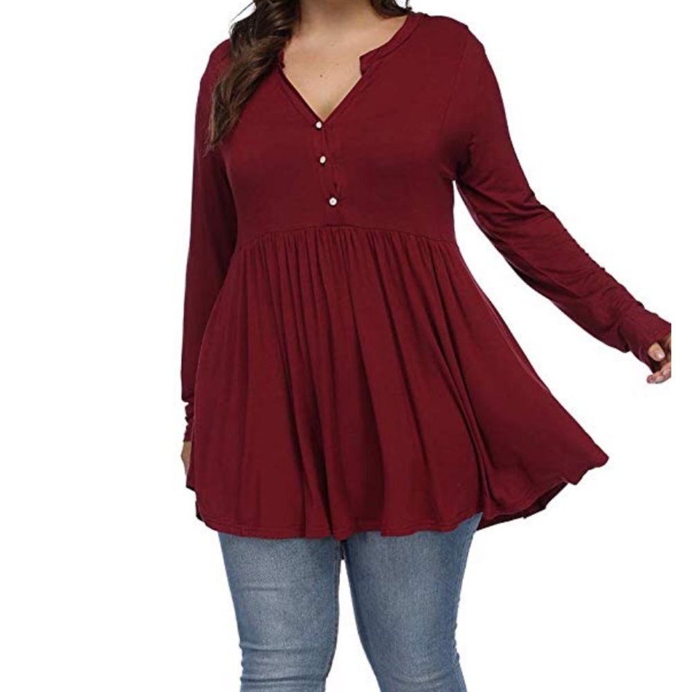 Deep maroon plus size Henley blouse - Picture 2 of 4